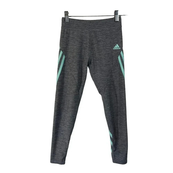 Adidas Girls Athletic Leggings Size Small Heather Gray Teal Blue Trim Stripes - Picture 1 of 7